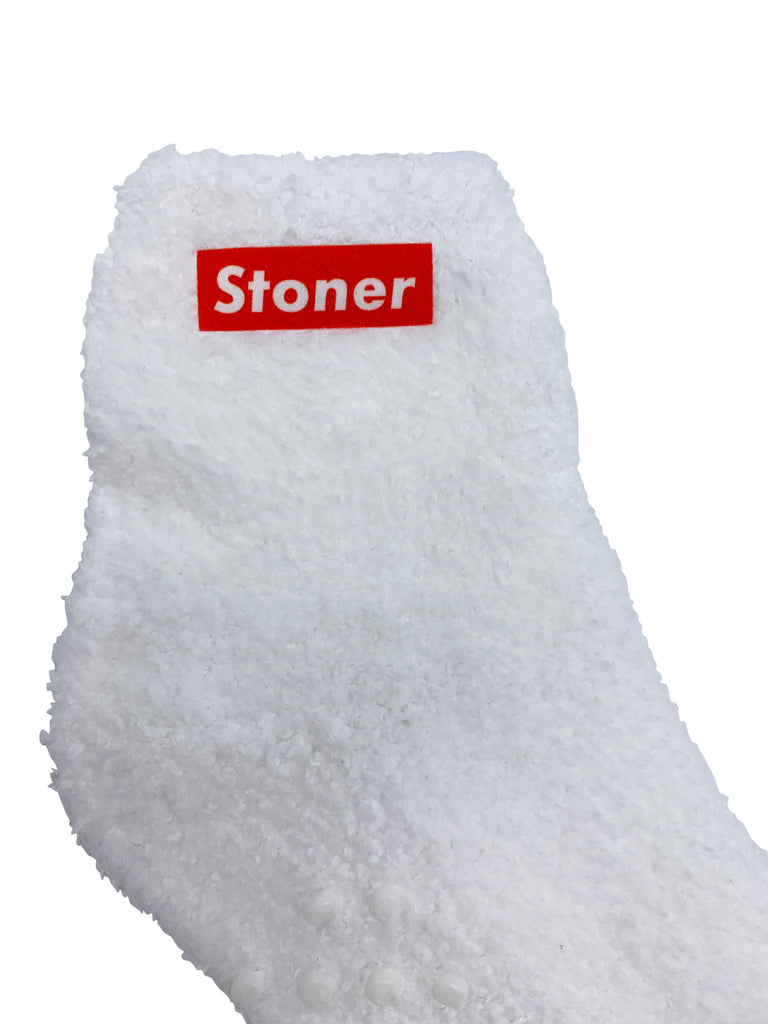 "STONER" tag on white fuzzy socks