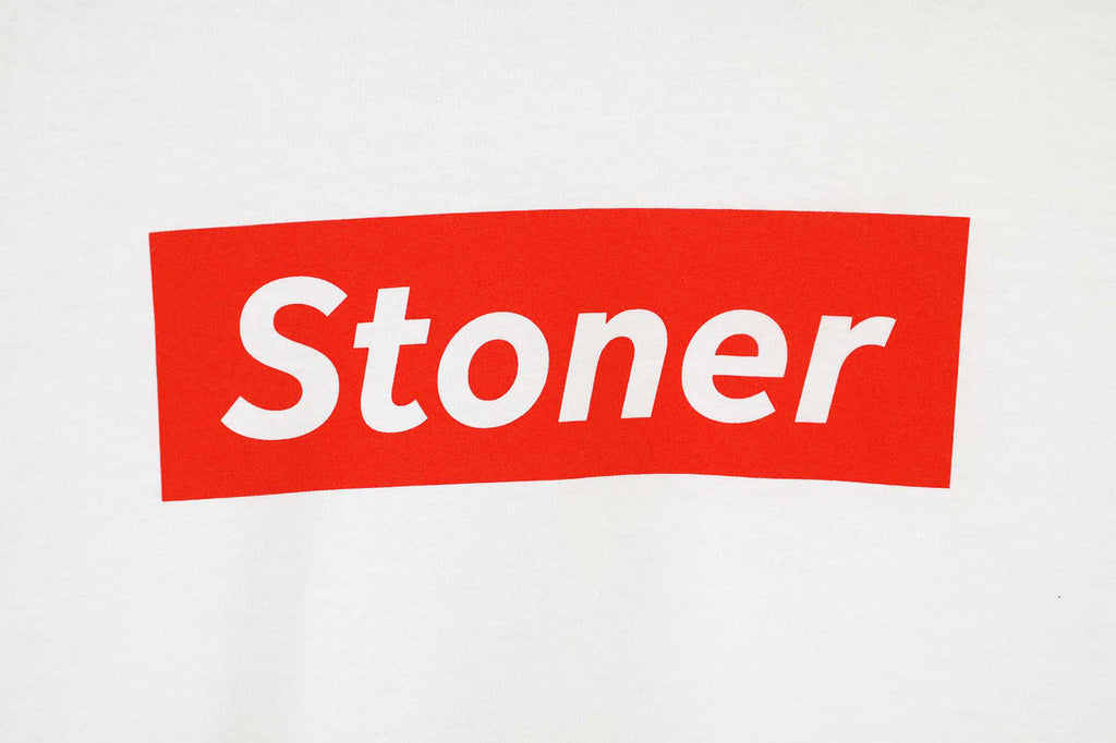 Stoner in white with red background