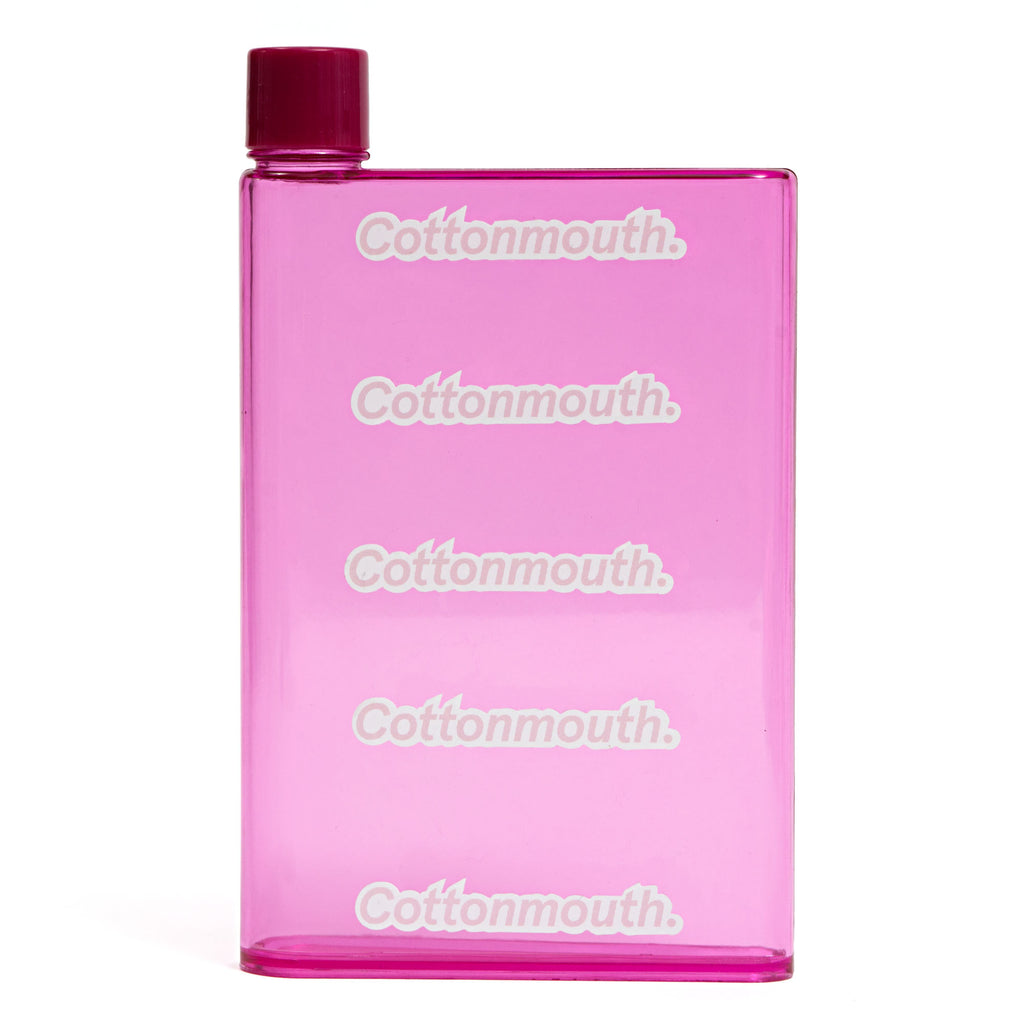 Pink water bottle with "Cottonmouth" stickers