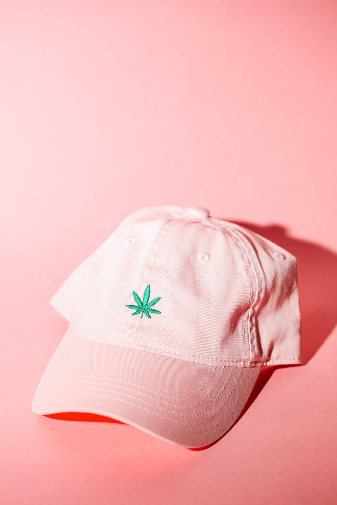 Pink Leaf Hat with green leaf on the front