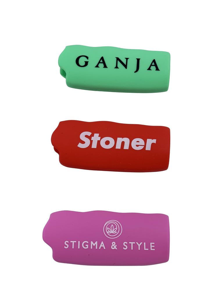 lighter covers in Green Ganja, Red Stoner, and Pink Stigma & STyle