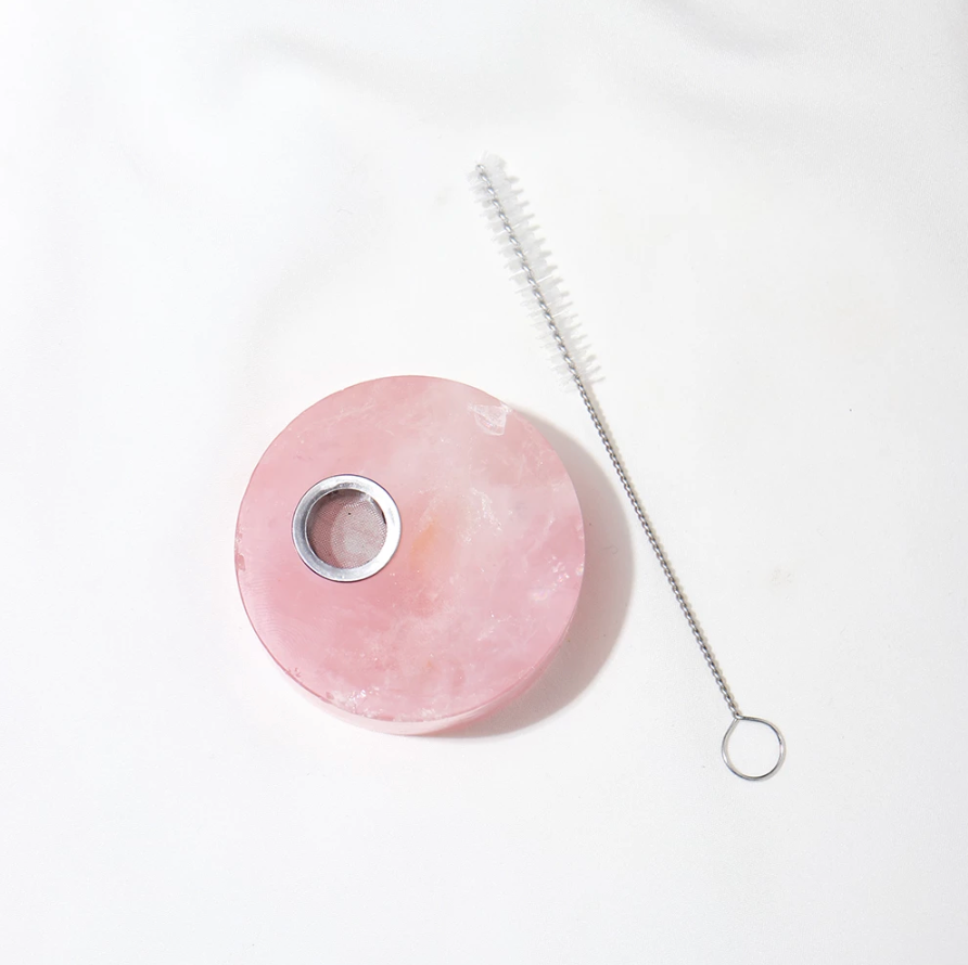 Pink Mini Circle Rose Quartz Crystal with cleaning tool